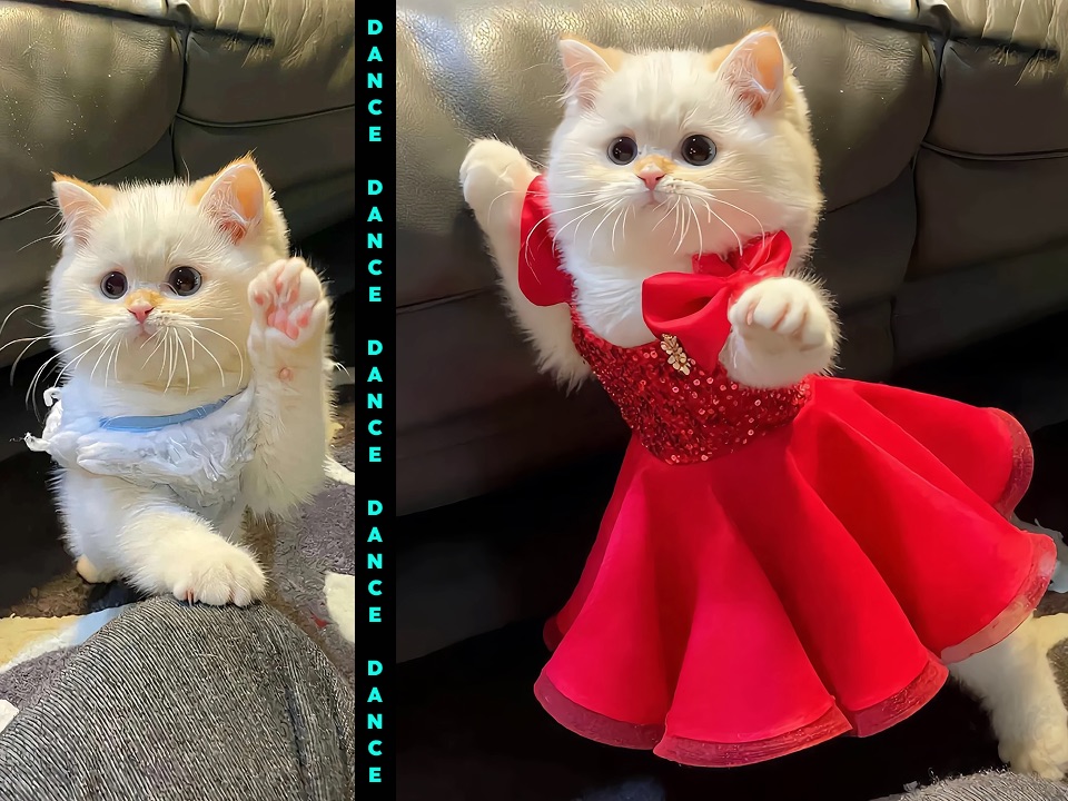 Before and after preview of a white kitten transformed into a red dress dance character