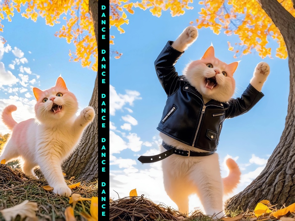 Before and after preview of a white cat transformed into a leather jacket dance character