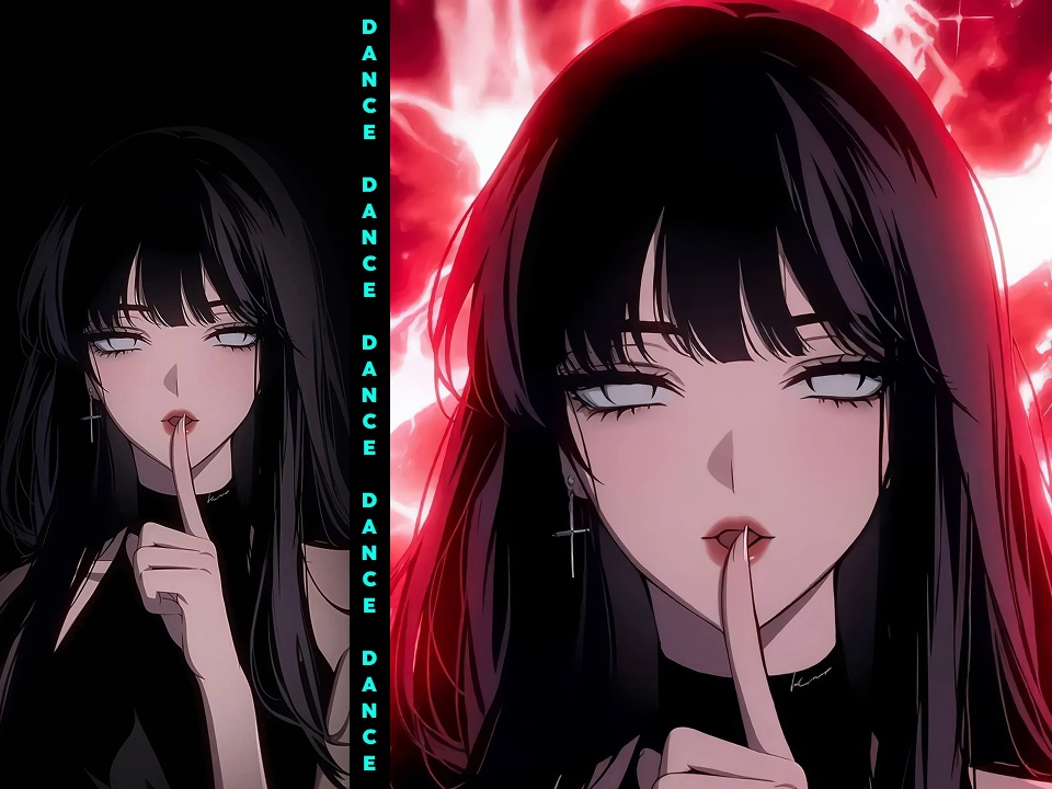 Before and after preview of an anime character animated against a red background