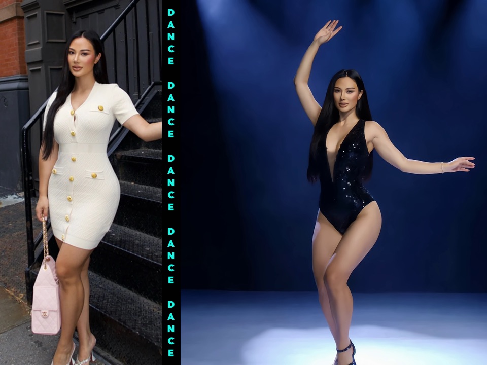 Before and after preview of a white dress portrait transformed into a blue-lit idol stage dancer