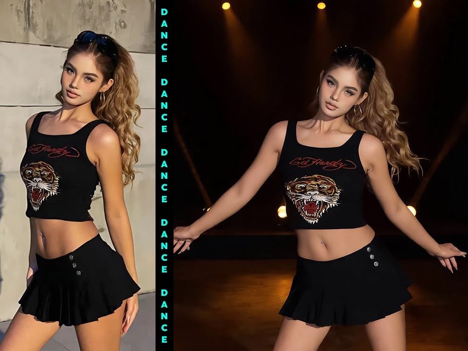Before and after preview of a woman transformed into a K-pop stage dance performance