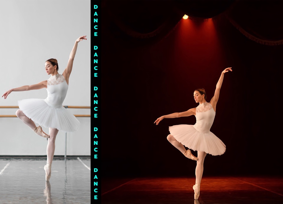 Before and after preview of a ballet photo transformed into a red theater stage dance scene